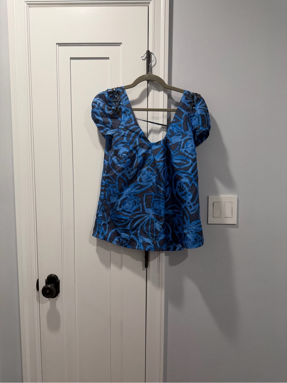 Rebecca Taylor Blue Floral Pattern Puff Sleeve Top Sz 2